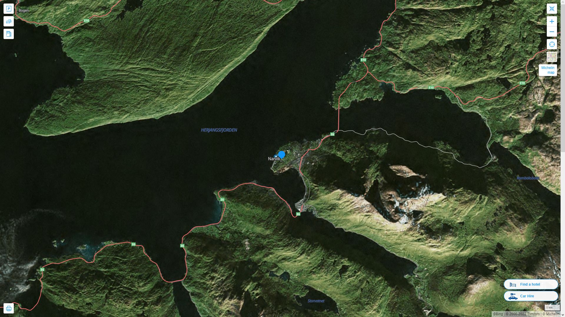 Narvik Norvege Autoroute et carte routiere avec vue satellite